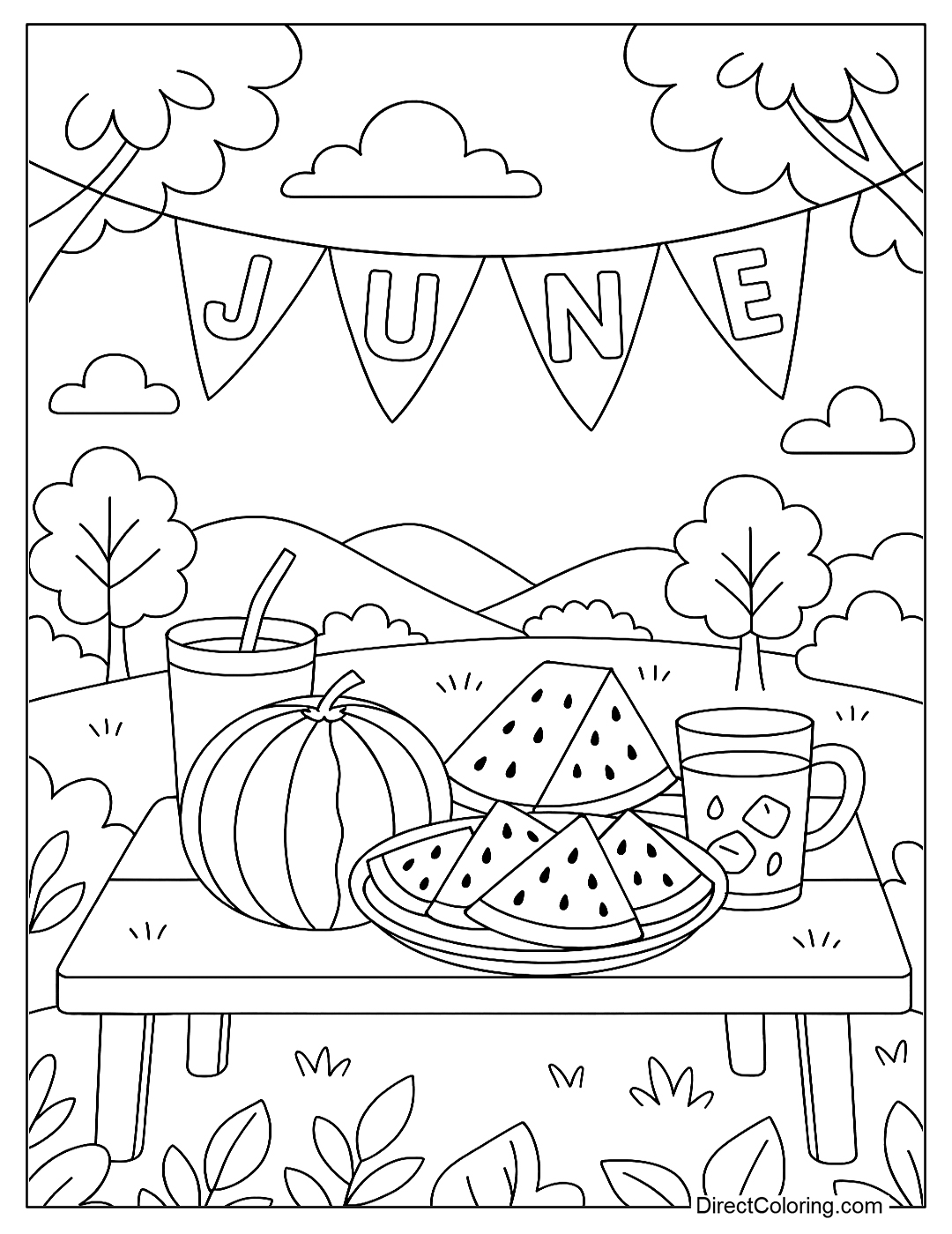 a June watermelon party coloring page with a fruit table, cups of water, and a 